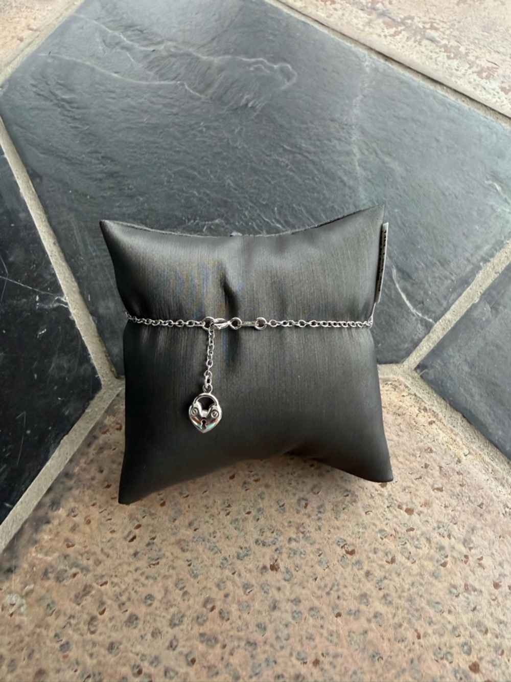 14kt White Gold  Heart Padlock & Key Charm bracelet 7” long